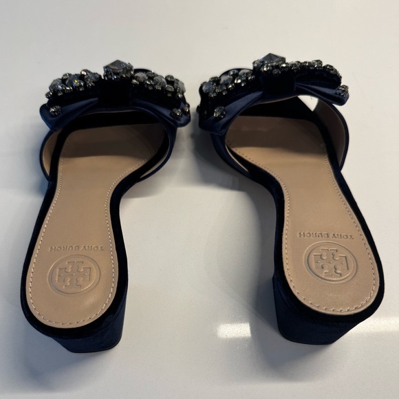 Tory Burch Bow Velvet Crystal slide heels size 5.5 navy blue - Picture 7 of 16